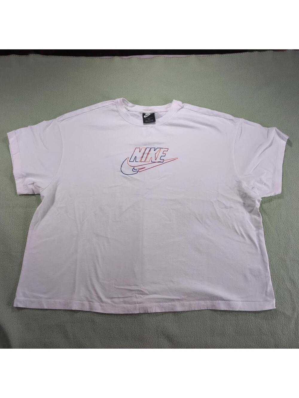 Nike Women's 3XL White Cotton T-Shirt with Multicolored Logo, Fair Condition